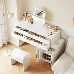 Coiffeuse avec Miroir LED Extensible - Table de Maquillage Moderne avec 2 Tiroirs - Meuble Gain de Place - Sans Tabouret - Blanc