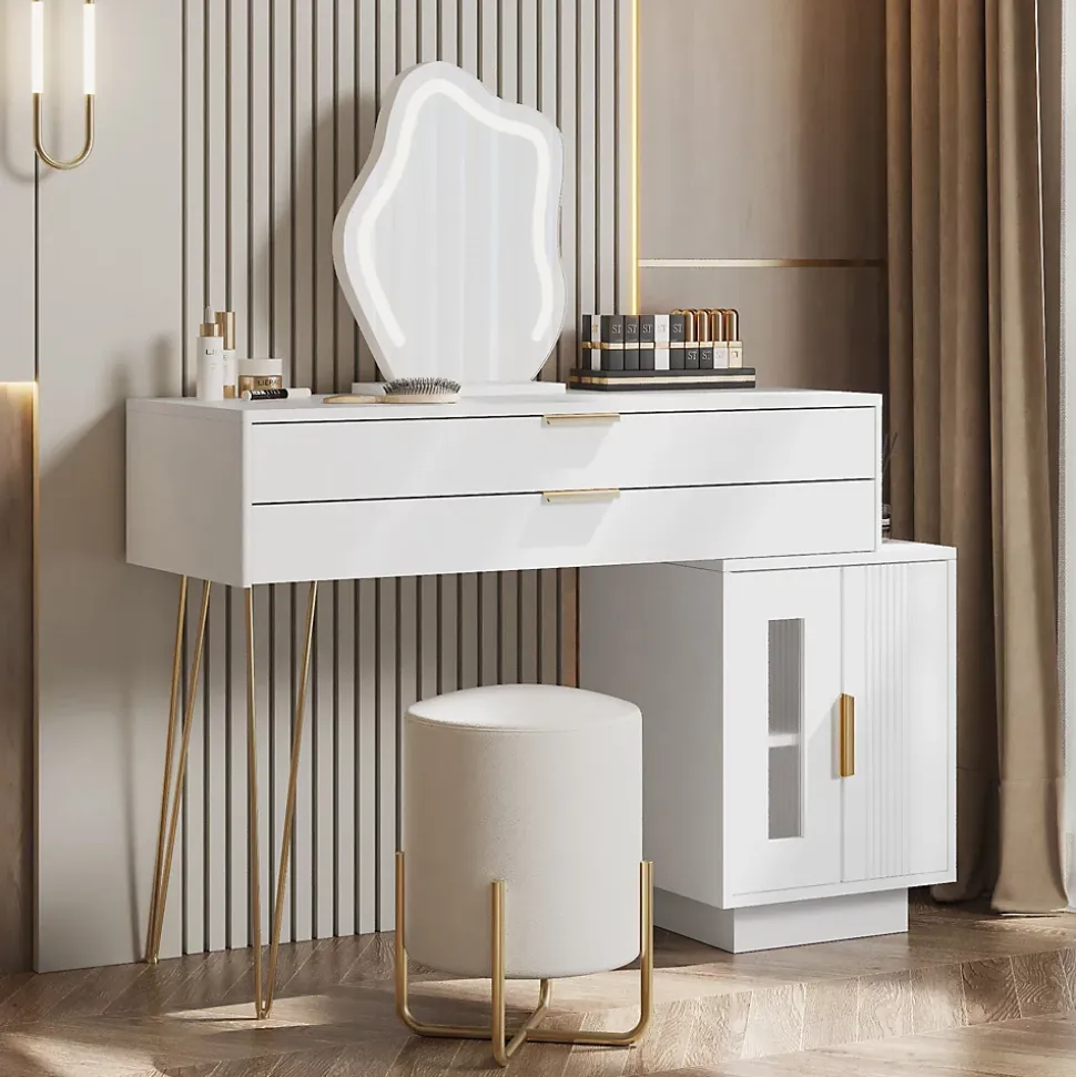 Coiffeuse avec Miroir LED Extensible - Table de Maquillage Moderne avec 2 Tiroirs - Meuble Gain de Place - Sans Tabouret - Blanc
