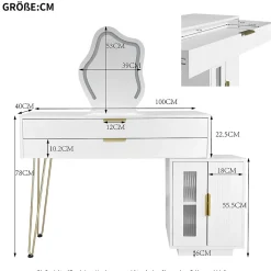 Coiffeuse avec Miroir LED Extensible - Table de Maquillage Moderne avec 2 Tiroirs - Meuble Gain de Place - Sans Tabouret - Blanc