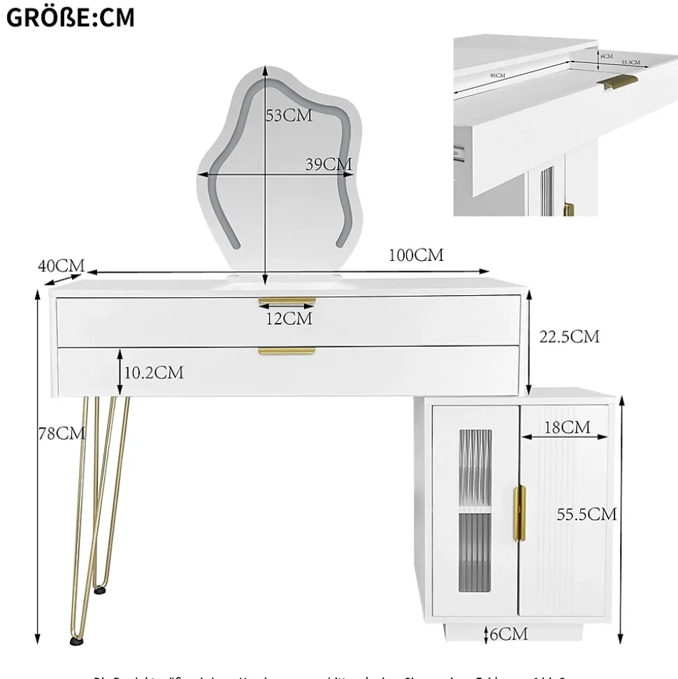 Coiffeuse avec Miroir LED Extensible - Table de Maquillage Moderne avec 2 Tiroirs - Meuble Gain de Place - Sans Tabouret - Blanc