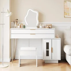 Coiffeuse avec Miroir LED Extensible - Table de Maquillage Moderne avec 2 Tiroirs - Meuble Gain de Place - Sans Tabouret - Blanc