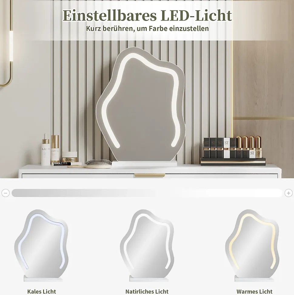 Coiffeuse avec Miroir LED Extensible - Table de Maquillage Moderne avec 2 Tiroirs - Meuble Gain de Place - Sans Tabouret - Blanc
