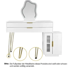 Coiffeuse avec Miroir LED Extensible - Table de Maquillage Moderne avec 2 Tiroirs - Meuble Gain de Place - Sans Tabouret - Blanc