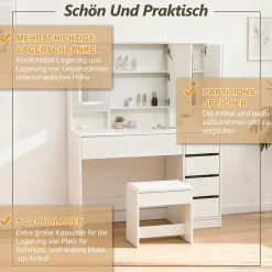 Coiffeuse avec Miroir LED 3 couleurs, Grand format, 5 Tiroirs et Rangement intégré Derrière le Miroir 110CM Blanc