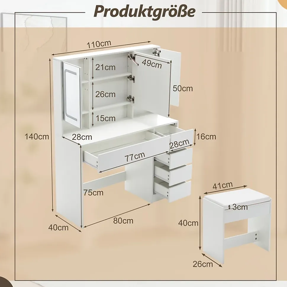 Coiffeuse avec Miroir LED 3 couleurs, Grand format, 5 Tiroirs et Rangement intégré Derrière le Miroir 110CM Blanc