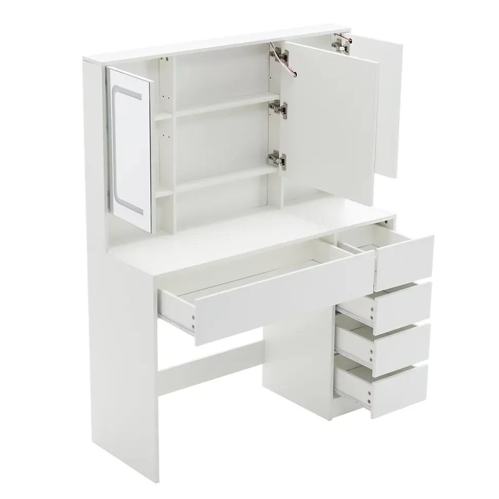 Coiffeuse avec Miroir LED 3 couleurs, Grand format, 5 Tiroirs et Rangement intégré Derrière le Miroir 110CM Blanc