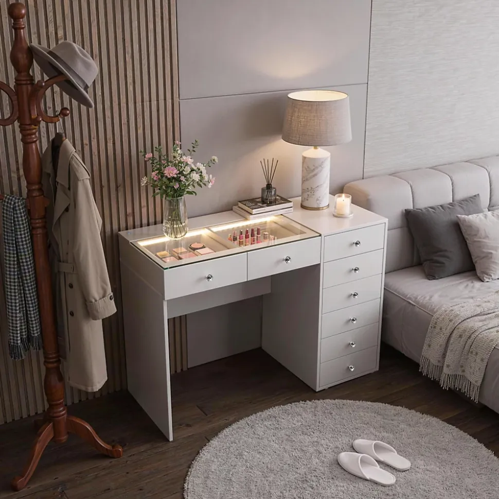 Coiffeuse Avec Miroir LED 8 Tiroirs Blanc 120x 55 cm