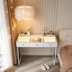 Coiffeuse Avec Miroir LED 3 Tiroirs Blanc 115x 55 cm