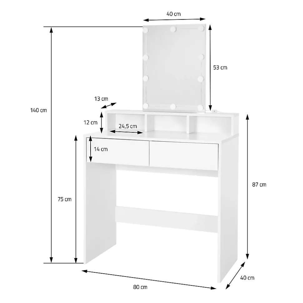 Coiffeuse avec miroir LED + tiroirs et tabouret de maquillage blanc 80x40x140 cm