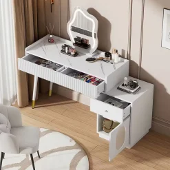 Coiffeuse avec Miroir LED - Table de Maquillage Moderne avec 3 Tiroirs et 1 Porte - Panneau de Particules - Blanc - 100x40x124 cm