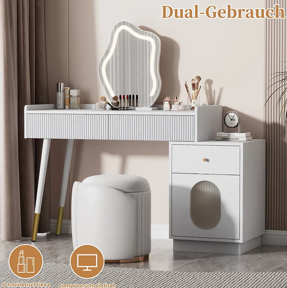 Coiffeuse avec Miroir LED - Table de Maquillage Moderne avec 3 Tiroirs et 1 Porte - Panneau de Particules - Blanc - 100x40x124 cm