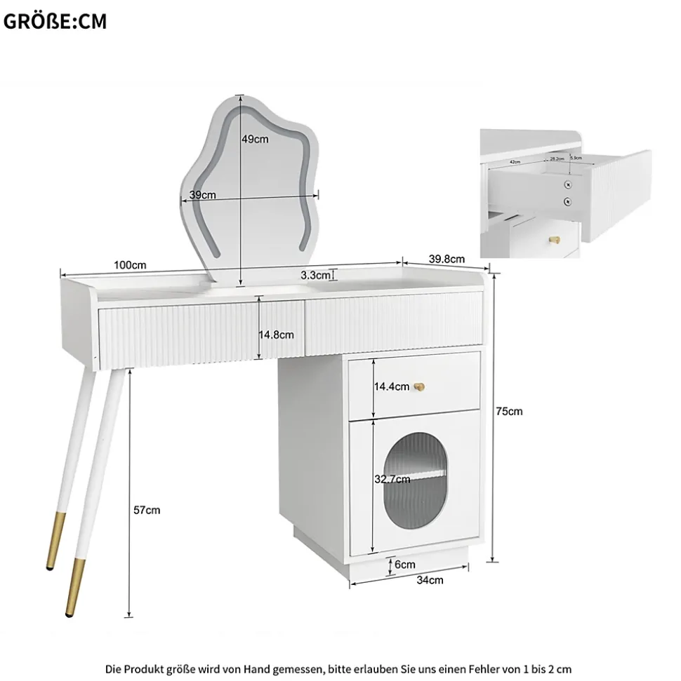 Coiffeuse avec Miroir LED - Table de Maquillage Moderne avec 3 Tiroirs et 1 Porte - Panneau de Particules - Blanc - 100x40x124 cm