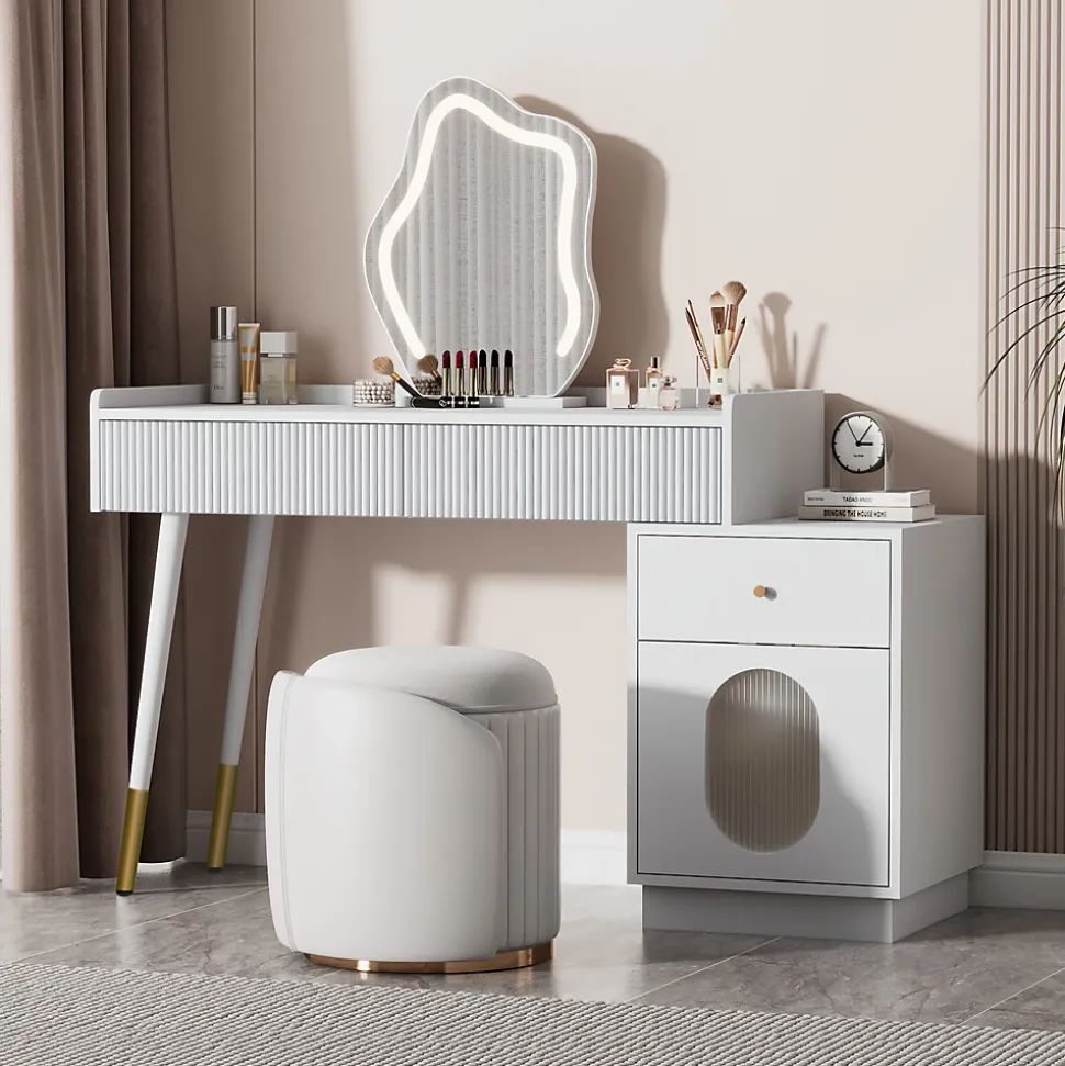 Coiffeuse avec Miroir LED - Table de Maquillage Moderne avec 3 Tiroirs et 1 Porte - Panneau de Particules - Blanc - 100x40x124 cm