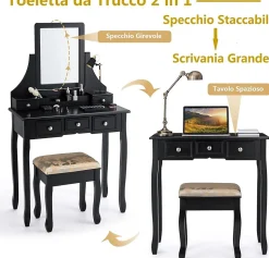 Coiffeuse avec Miroir Pivotant à 360 Table de Maquillage avec 5 Tiroirs et Organisateur Coiffeuse avec Tabouret