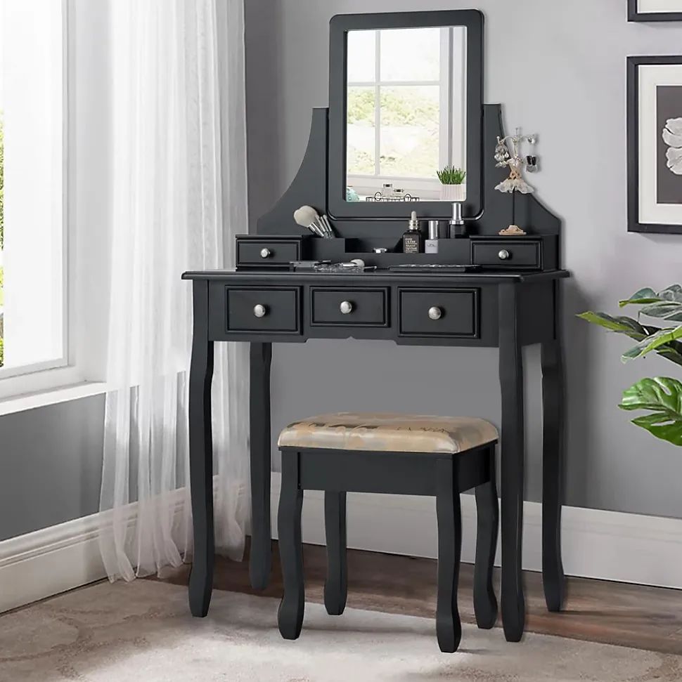 Coiffeuse avec Miroir Pivotant à 360 Table de Maquillage avec 5 Tiroirs et Organisateur Coiffeuse avec Tabouret