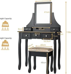 Coiffeuse avec Miroir Pivotant à 360 Table de Maquillage avec 5 Tiroirs et Organisateur Coiffeuse avec Tabouret
