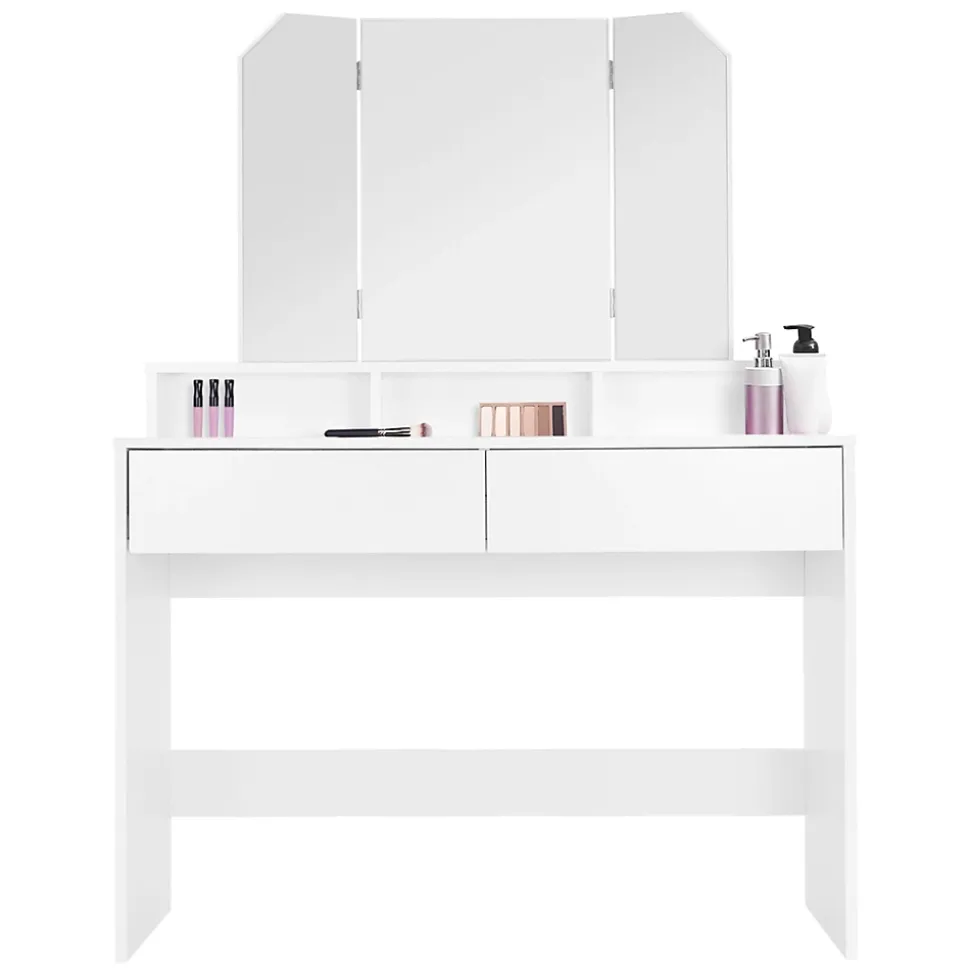 Coiffeuse avec miroir pliable moderne table de maquillage en MDF avec 2 tiroirs