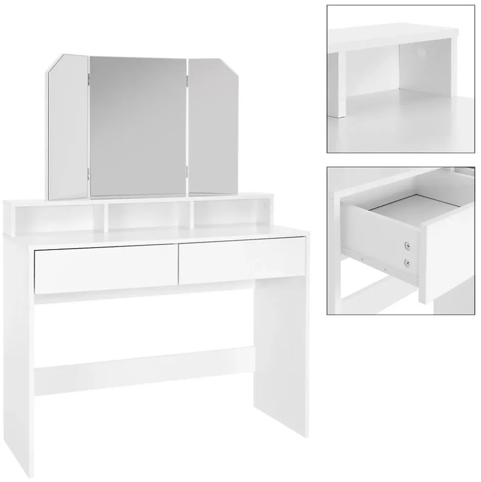 Coiffeuse avec miroir pliable moderne table de maquillage en MDF avec 2 tiroirs