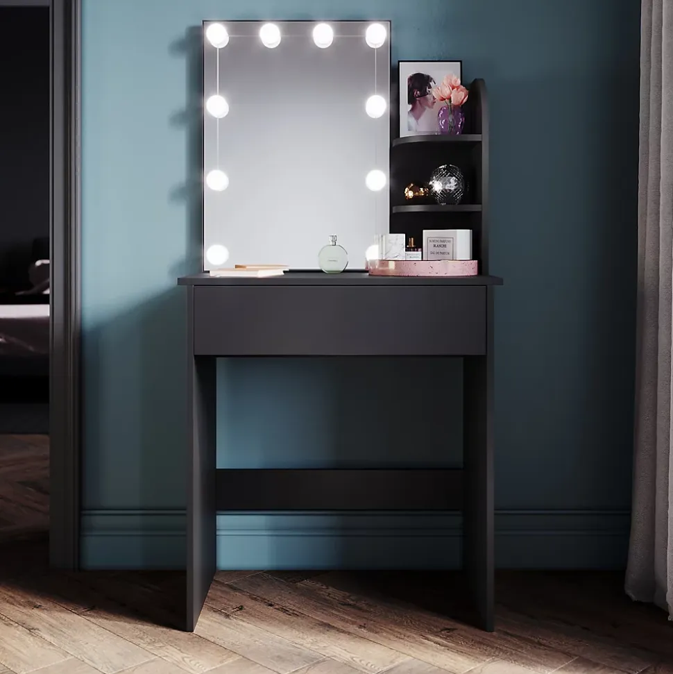 Coiffeuse avec Miroir SIRHONA Noir 70x40x140cm Table de Maquillage + Grands Tiroirs + Nombres étagères + 10 Lampe