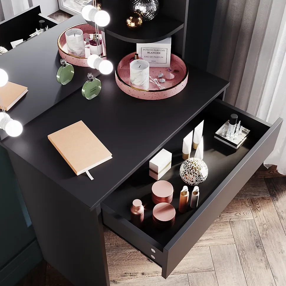 Coiffeuse avec Miroir SIRHONA Noir 70x40x140cm Table de Maquillage + Grands Tiroirs + Nombres étagères + 10 Lampe