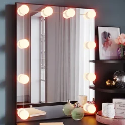 Coiffeuse avec Miroir SIRHONA Noir 70x40x140cm Table de Maquillage + Grands Tiroirs + Nombres étagères + 10 Lampe