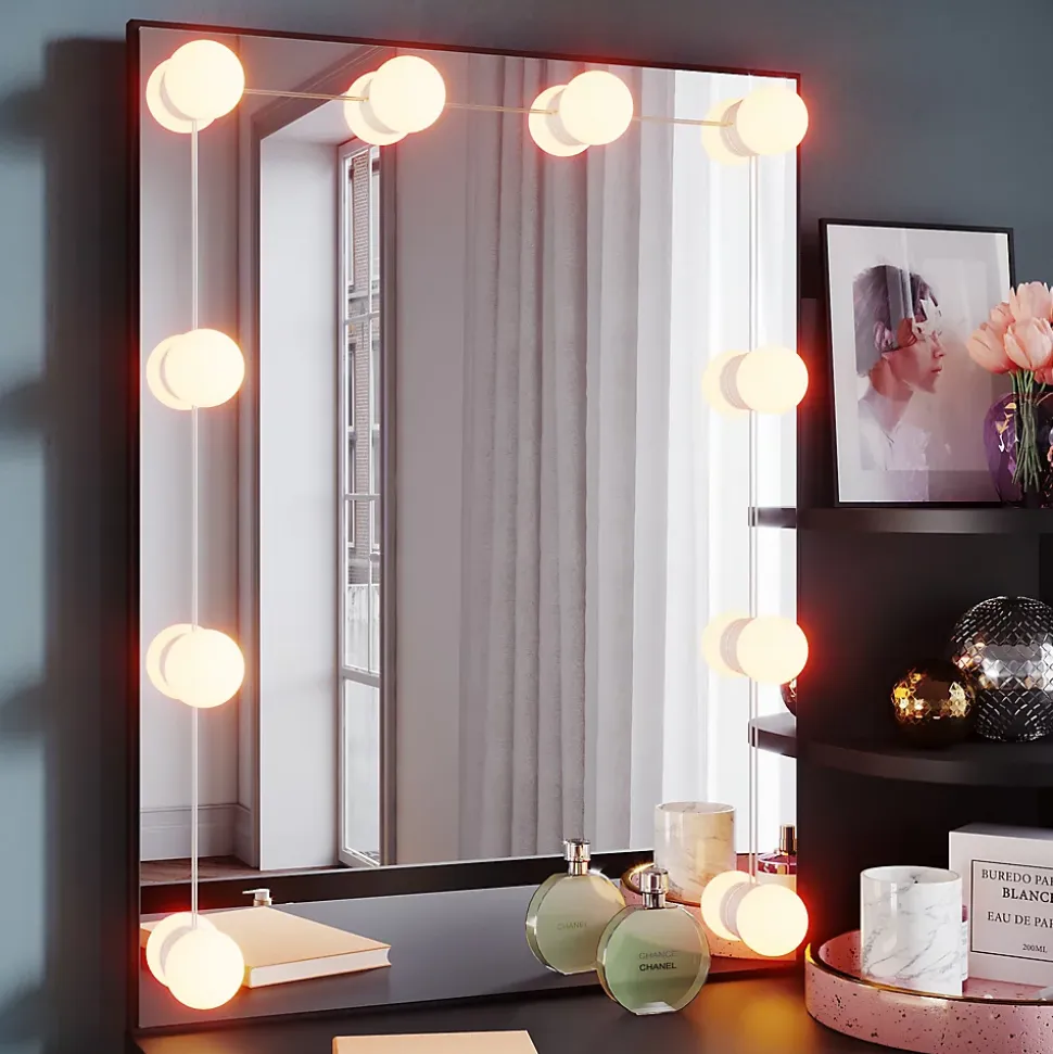 Coiffeuse avec Miroir SIRHONA Noir 70x40x140cm Table de Maquillage + Grands Tiroirs + Nombres étagères + 10 Lampe