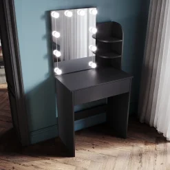 Coiffeuse avec Miroir SIRHONA Noir 70x40x140cm Table de Maquillage + Grands Tiroirs + Nombres étagères + 10 Lampe