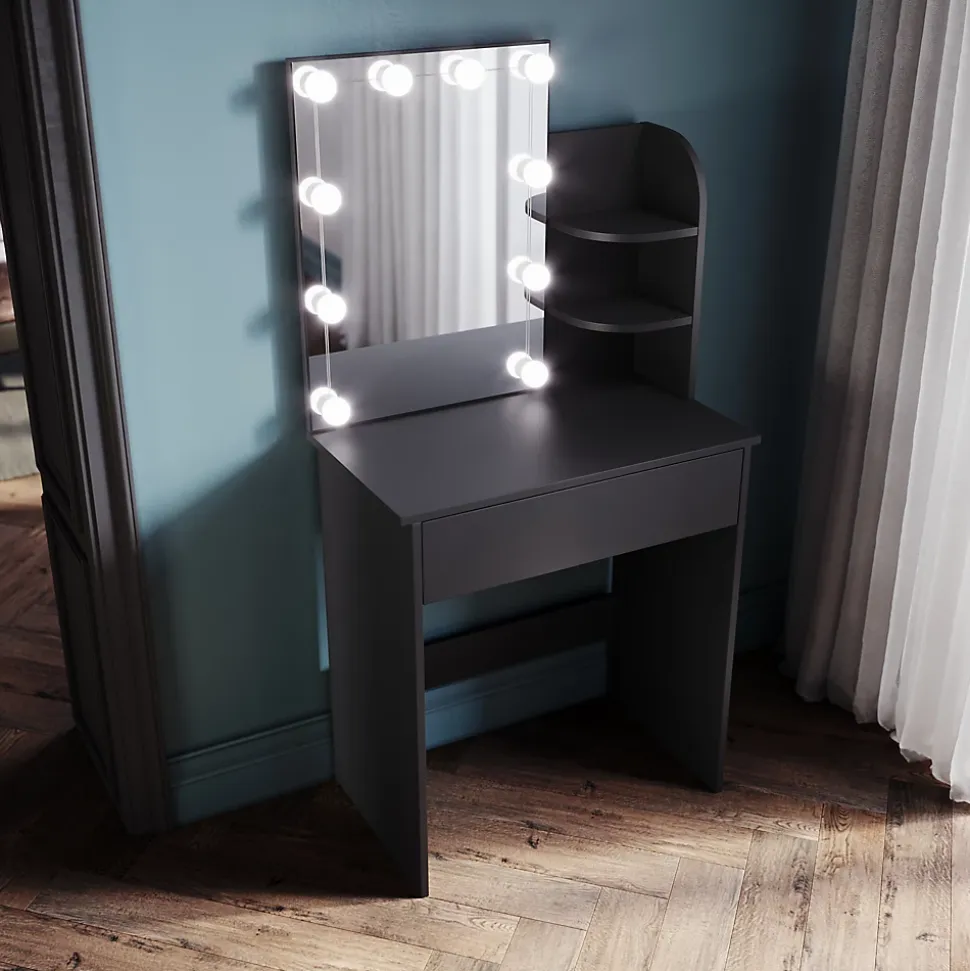 Coiffeuse avec Miroir SIRHONA Noir 70x40x140cm Table de Maquillage + Grands Tiroirs + Nombres étagères + 10 Lampe