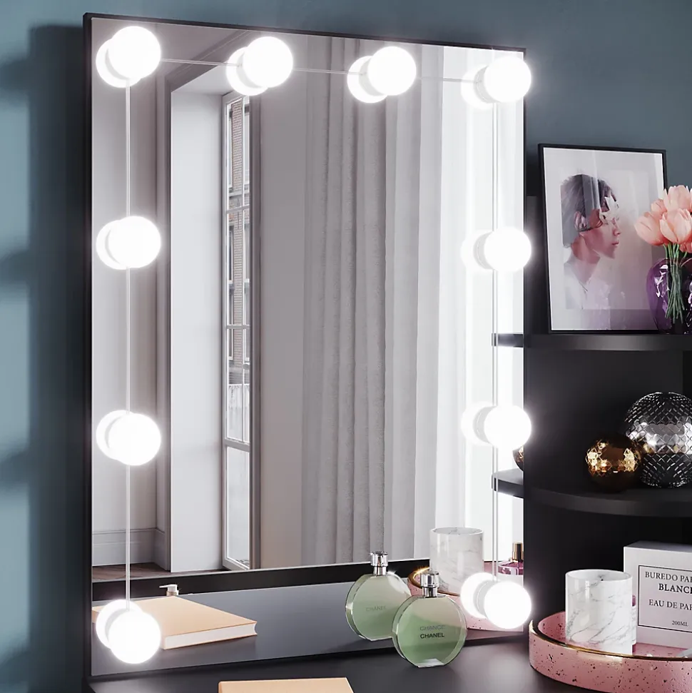 Coiffeuse avec Miroir SIRHONA Noir 70x40x140cm Table de Maquillage + Grands Tiroirs + Nombres étagères + 10 Lampe