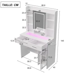 Coiffeuse avec plateau en verre trempé, prise électrique intégrée et support sèche-cheveux, Table de maquillage moderne