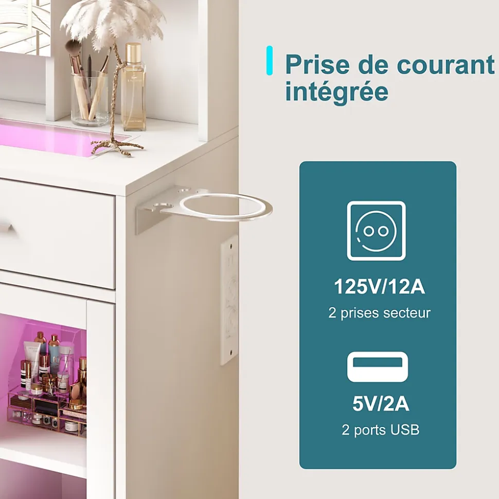 Coiffeuse avec plateau en verre trempé, prise électrique intégrée et support sèche-cheveux, Table de maquillage moderne