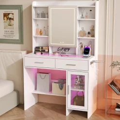 Coiffeuse avec plateau en verre trempé, prise électrique intégrée et support sèche-cheveux, Table de maquillage moderne