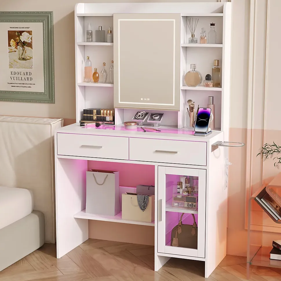 Coiffeuse avec plateau en verre trempé, prise électrique intégrée et support sèche-cheveux, Table de maquillage moderne