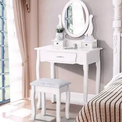 Coiffeuse, avec Tabouret, 1 miroirs, Miroir Pivotant et 3 tiroirs, Idéale pour Enfants et Adultes, Blanc