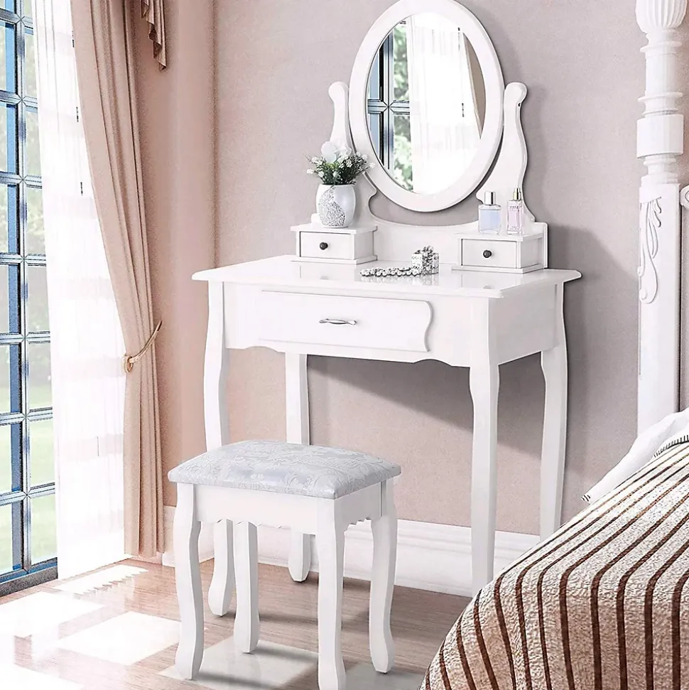 Coiffeuse, avec Tabouret, 1 miroirs, Miroir Pivotant et 3 tiroirs, Idéale pour Enfants et Adultes, Blanc