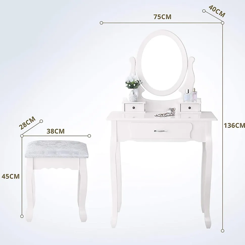 Coiffeuse, avec Tabouret, 1 miroirs, Miroir Pivotant et 3 tiroirs, Idéale pour Enfants et Adultes, Blanc