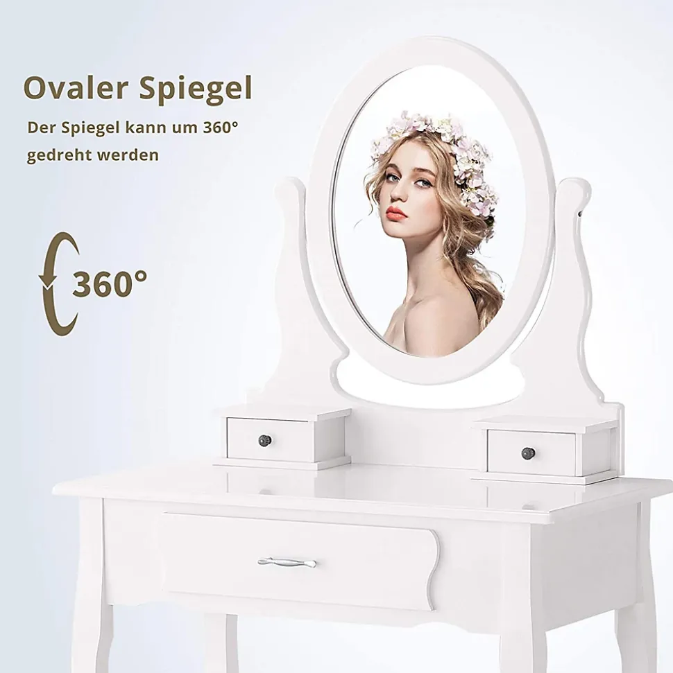Coiffeuse, avec Tabouret, 1 miroirs, Miroir Pivotant et 3 tiroirs, Idéale pour Enfants et Adultes, Blanc