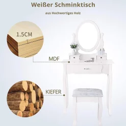Coiffeuse, avec Tabouret, 1 miroirs, Miroir Pivotant et 3 tiroirs, Idéale pour Enfants et Adultes, Blanc
