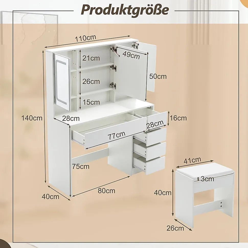 Coiffeuse avec tabouret, éclairage et miroir blanc, table de maquillage et toilette