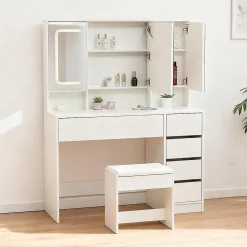 Coiffeuse avec tabouret, éclairage et miroir blanc, table de maquillage et toilette