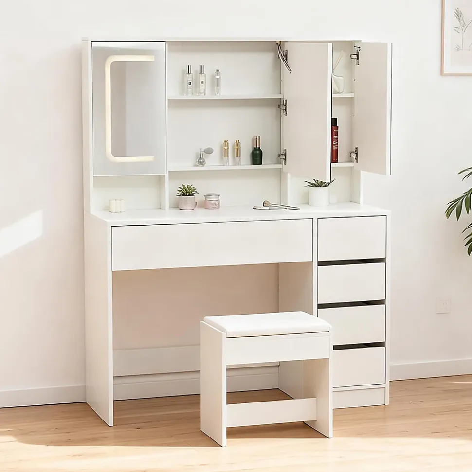 Coiffeuse avec tabouret, éclairage et miroir blanc, table de maquillage et toilette