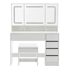 Coiffeuse avec tabouret, éclairage et miroir blanc, table de maquillage et toilette