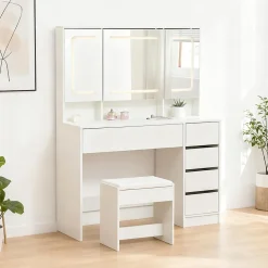 Coiffeuse avec tabouret, éclairage et miroir blanc, table de maquillage et toilette
