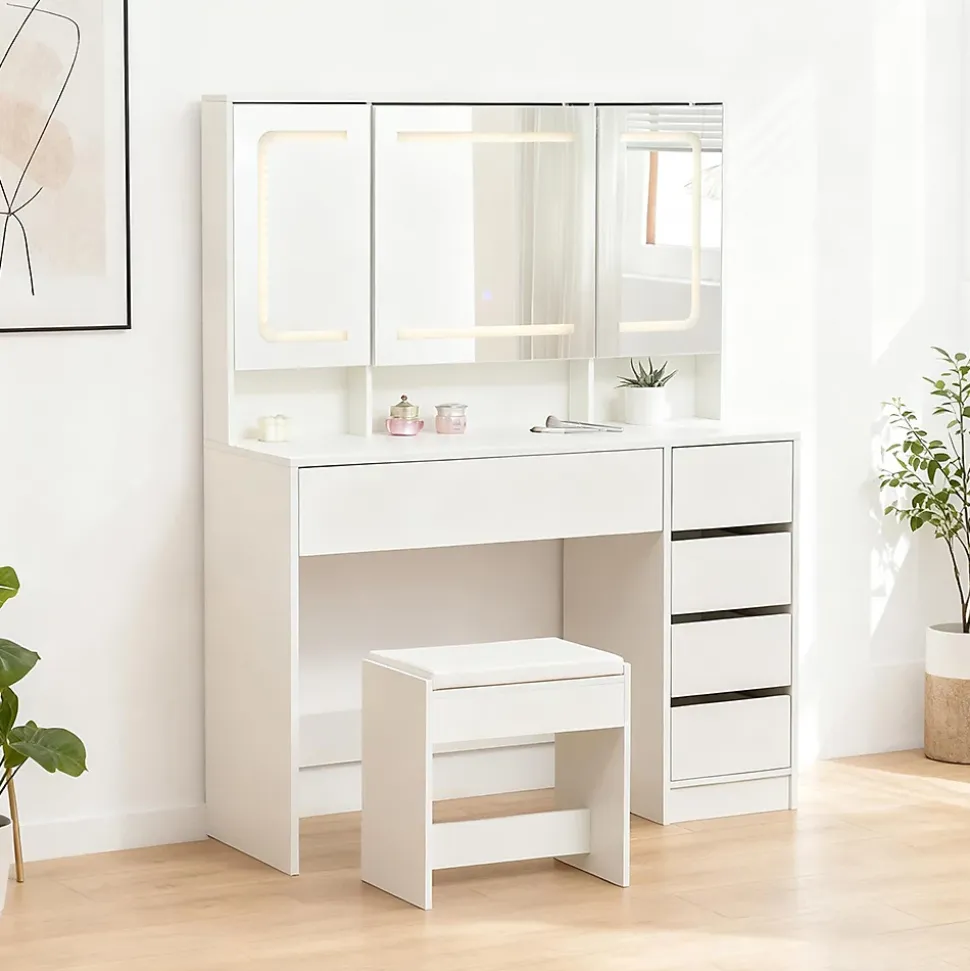 Coiffeuse avec tabouret, éclairage et miroir blanc, table de maquillage et toilette