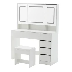 Coiffeuse avec tabouret, éclairage et miroir blanc, table de maquillage et toilette