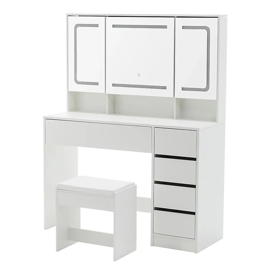 Coiffeuse avec tabouret, éclairage et miroir blanc, table de maquillage et toilette