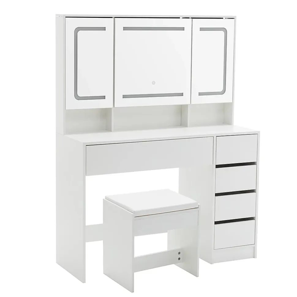 Coiffeuse avec tabouret, éclairage et miroir blanc, table de maquillage et toilette