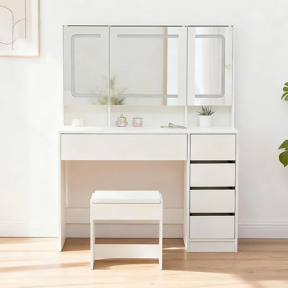 Coiffeuse avec tabouret, éclairage et miroir blanc, table de maquillage et toilette