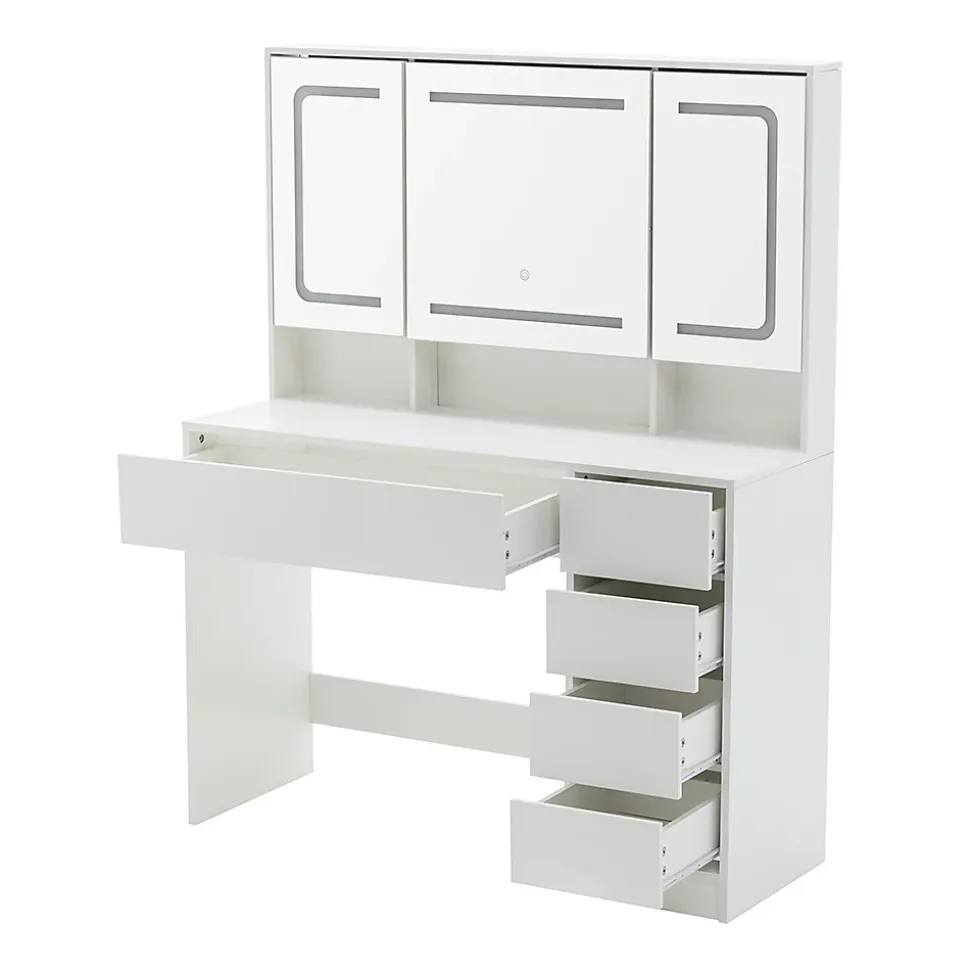 Coiffeuse avec tabouret, éclairage et miroir blanc, table de maquillage et toilette