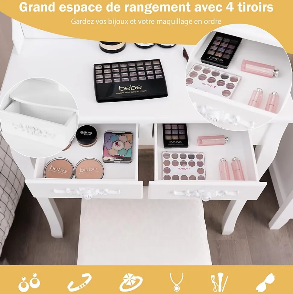 Coiffeuse avec Tabouret et Miroir Lumière LED 3 Couleurs Table de Maquillage 2 en 1 avec 4 Tiroirs et étagère de Rangement